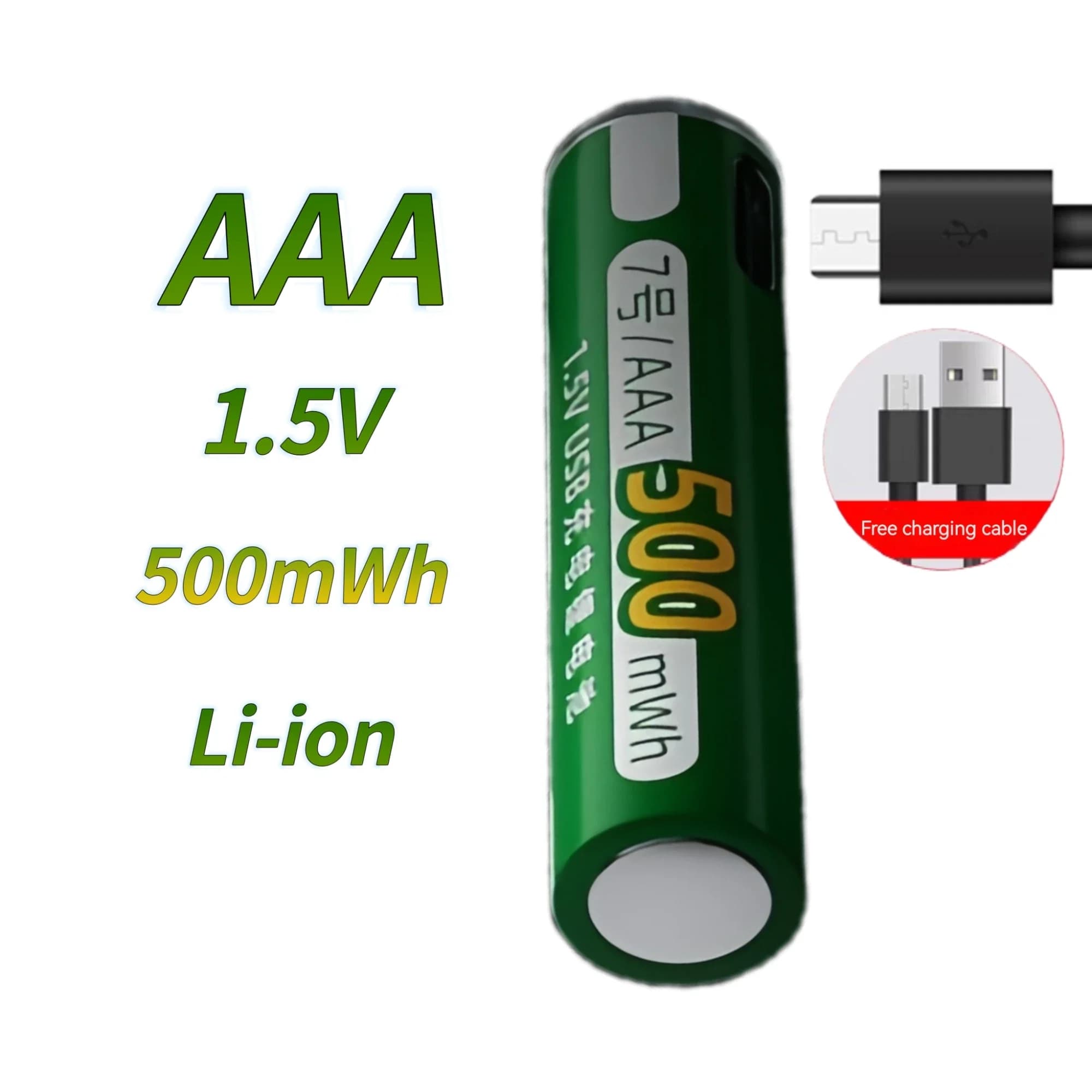 AAA 1.5V 500mWh USB Rechargeable Battery for Vacuum Cleaner, Monitor, Wall Clock, Mouse, Rulebarba, Radio