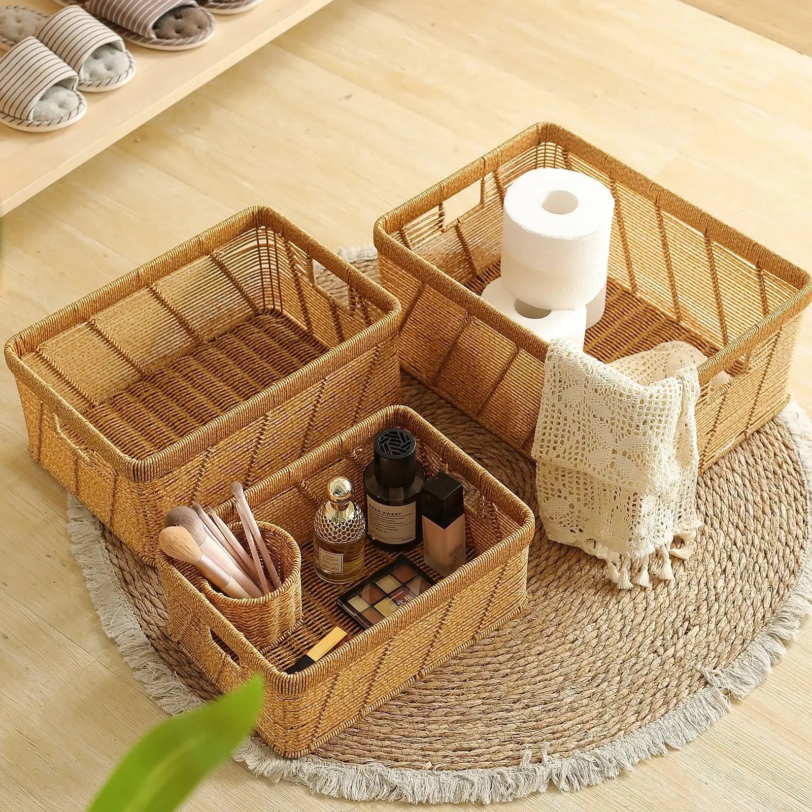 Woven Basket Sundries Storage Box Freestanding Organizer Container for Closet Shelf Pantry Bathroom