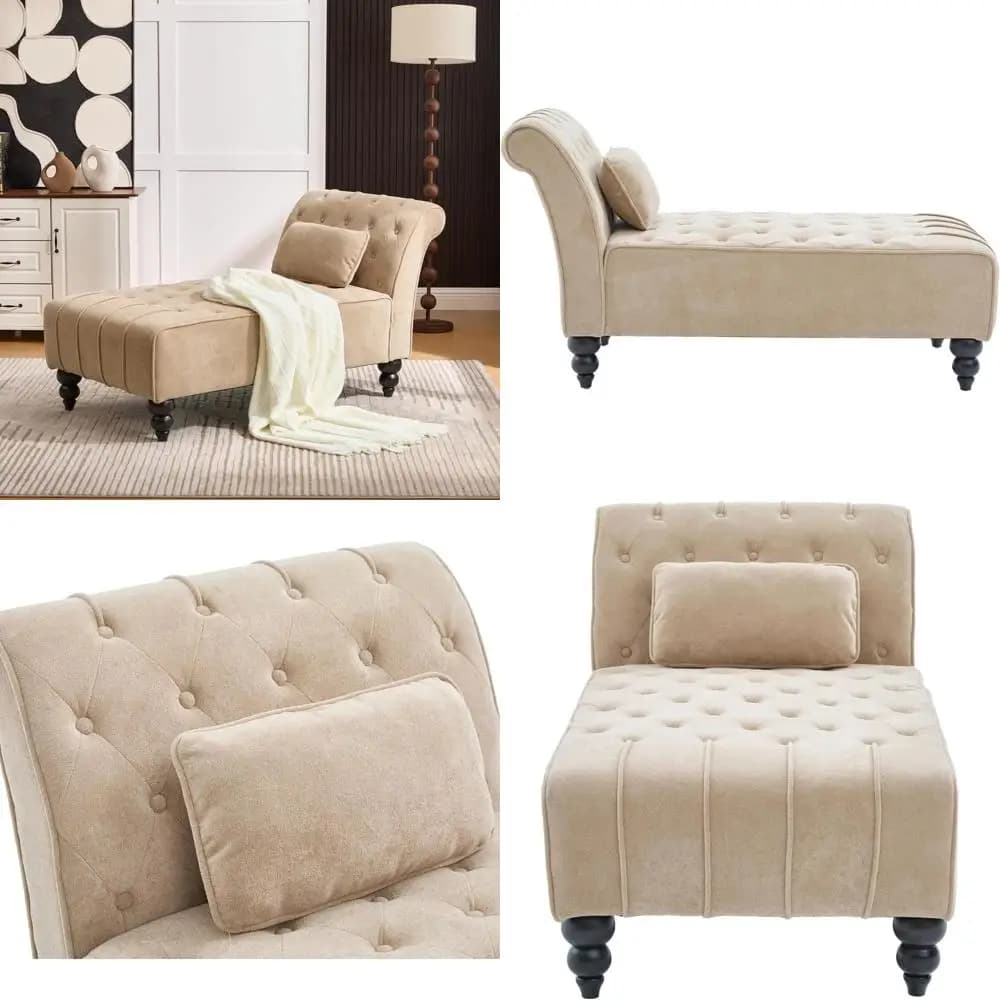 Chaise longue imbottita in velluto con cuscino lombare, schienale a volute, struttura in legno, colore cammello
