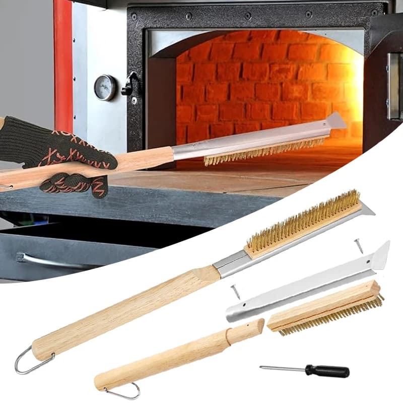 Spazzola per forno per pizza Spazzola per pietra per pizza con raschietto Accessori per forno per pizza da esterno con setole in ottone antigraffio e resistente al calore