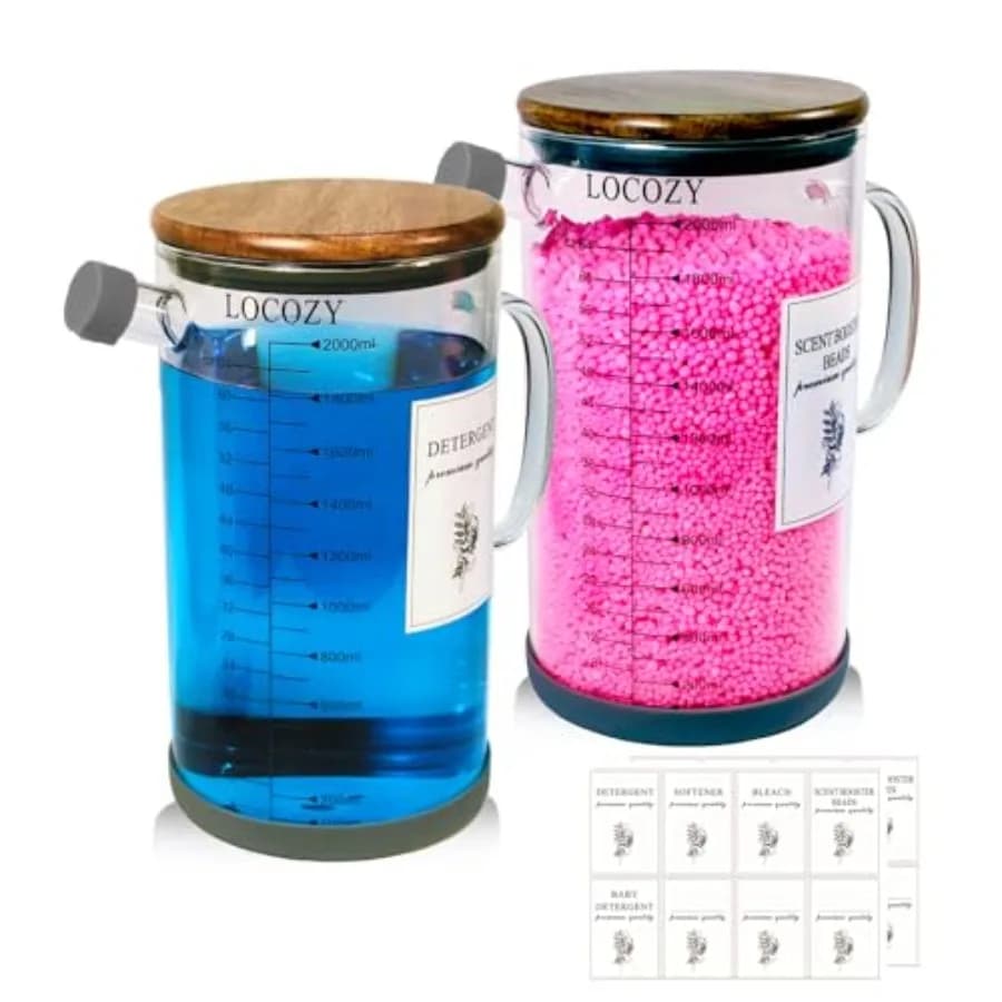 Set di 2 Dispenser in Vetro da 64oz per Detersivo con Coperchio in Legno di Acacia - Design Ermetico, Scala Doppia oz/ml, Organizzazione Lavanderia