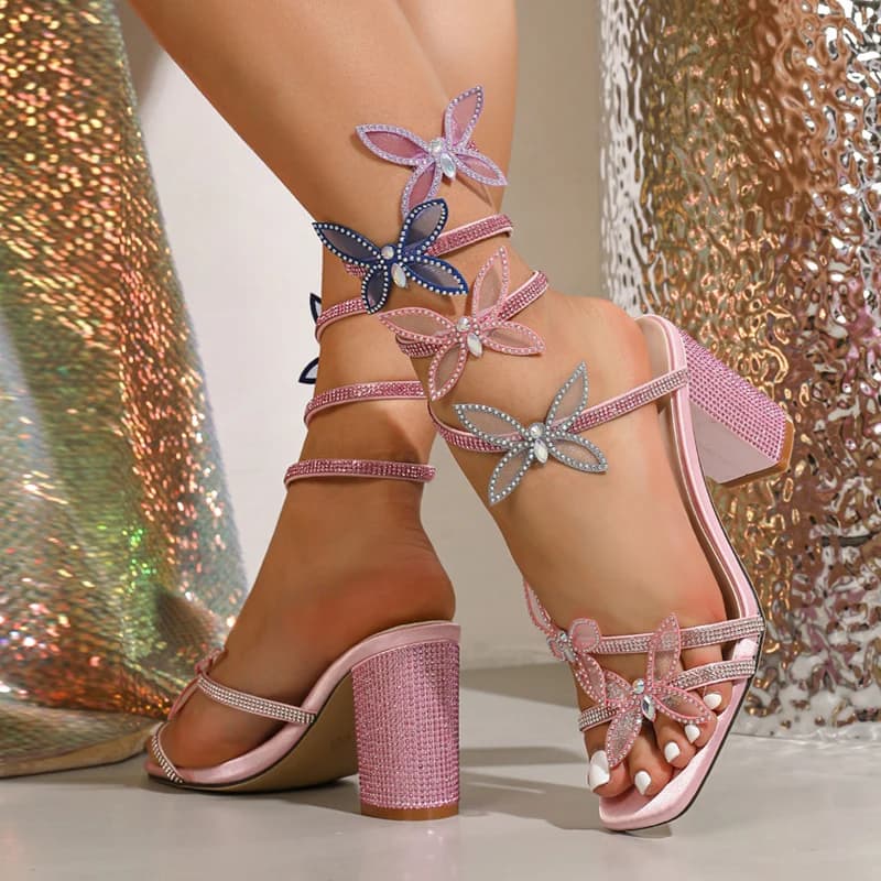Liyke moda cristallo farfalla caviglia serpente spago intorno sandali con cinturino donna festa di nozze scarpe da ballo strass tacchi alti rosa