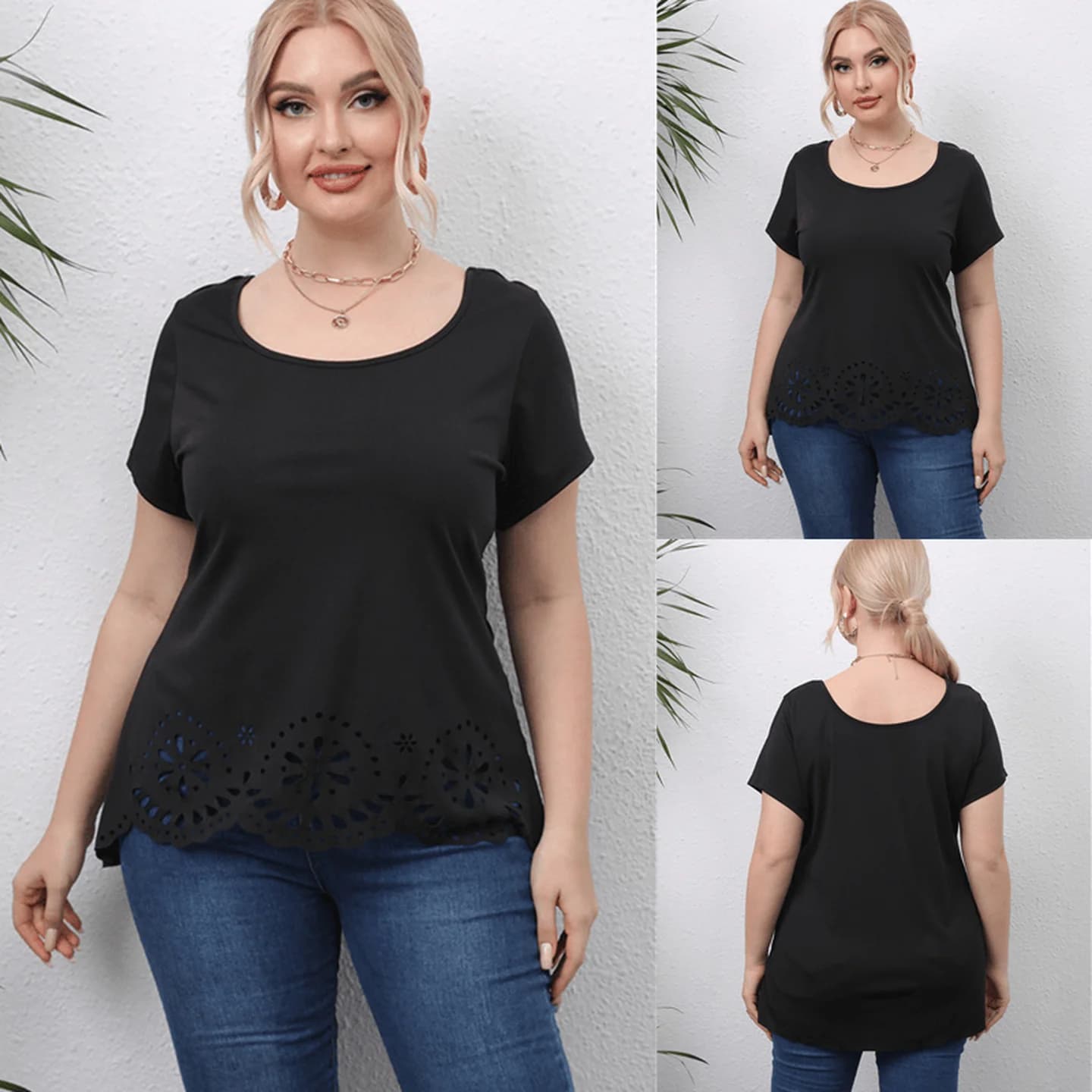 Summer plus Size Women's T-Shirt Loose Casual Blouse Street Style Hollow out Pure Color Short Sleeve round Neck Top