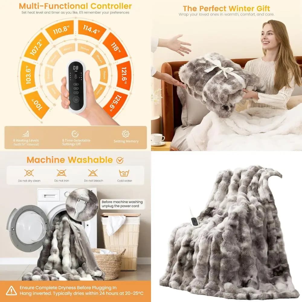 Coperta elettrica a bolle di pelliccia sintetica, 50x60, 8 livelli di calore, spegnimento automatico 2-8 ore, protezione da surriscaldamento, certificata ETL, grigio tie-dye
