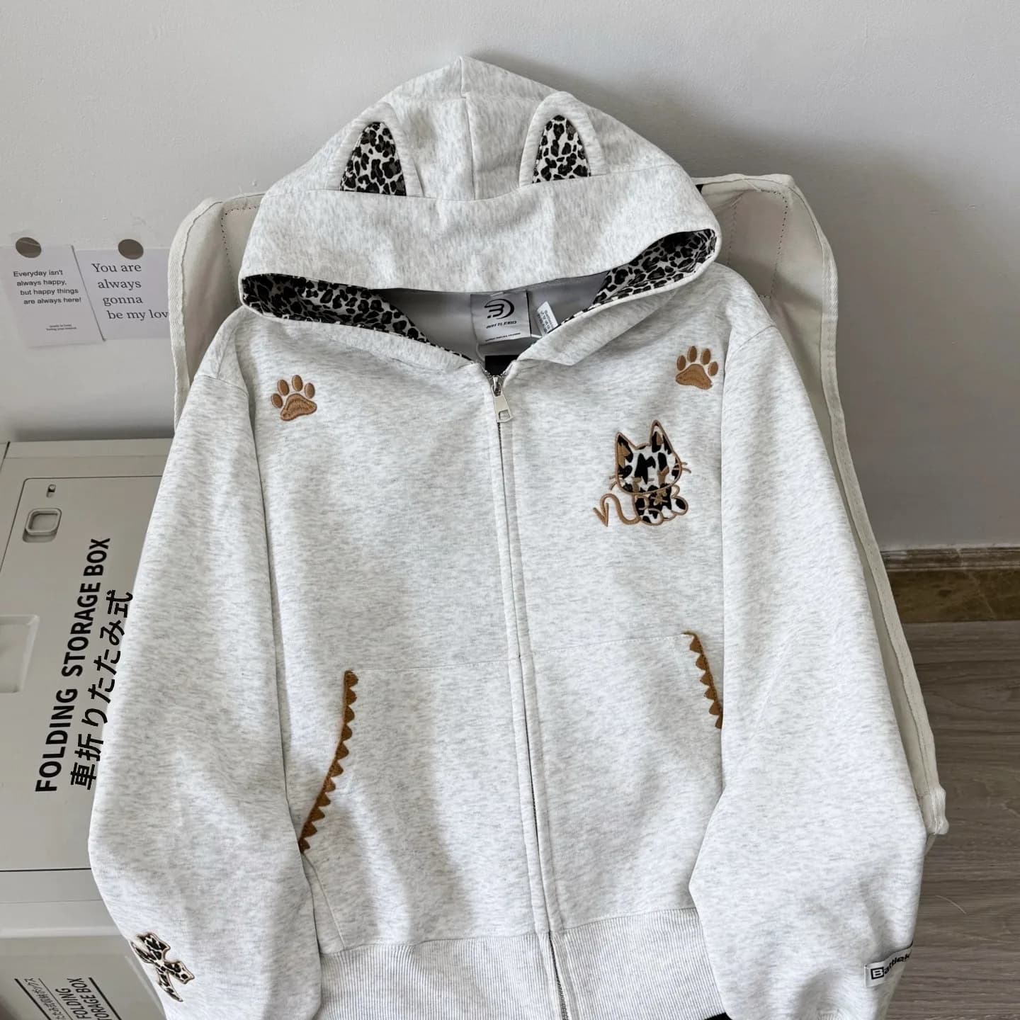 Retro American High Street Fashion Brand Open Cardigan Zipper Jacket Leopard Print Devil Loose Fit Hoodie Women's Clothing