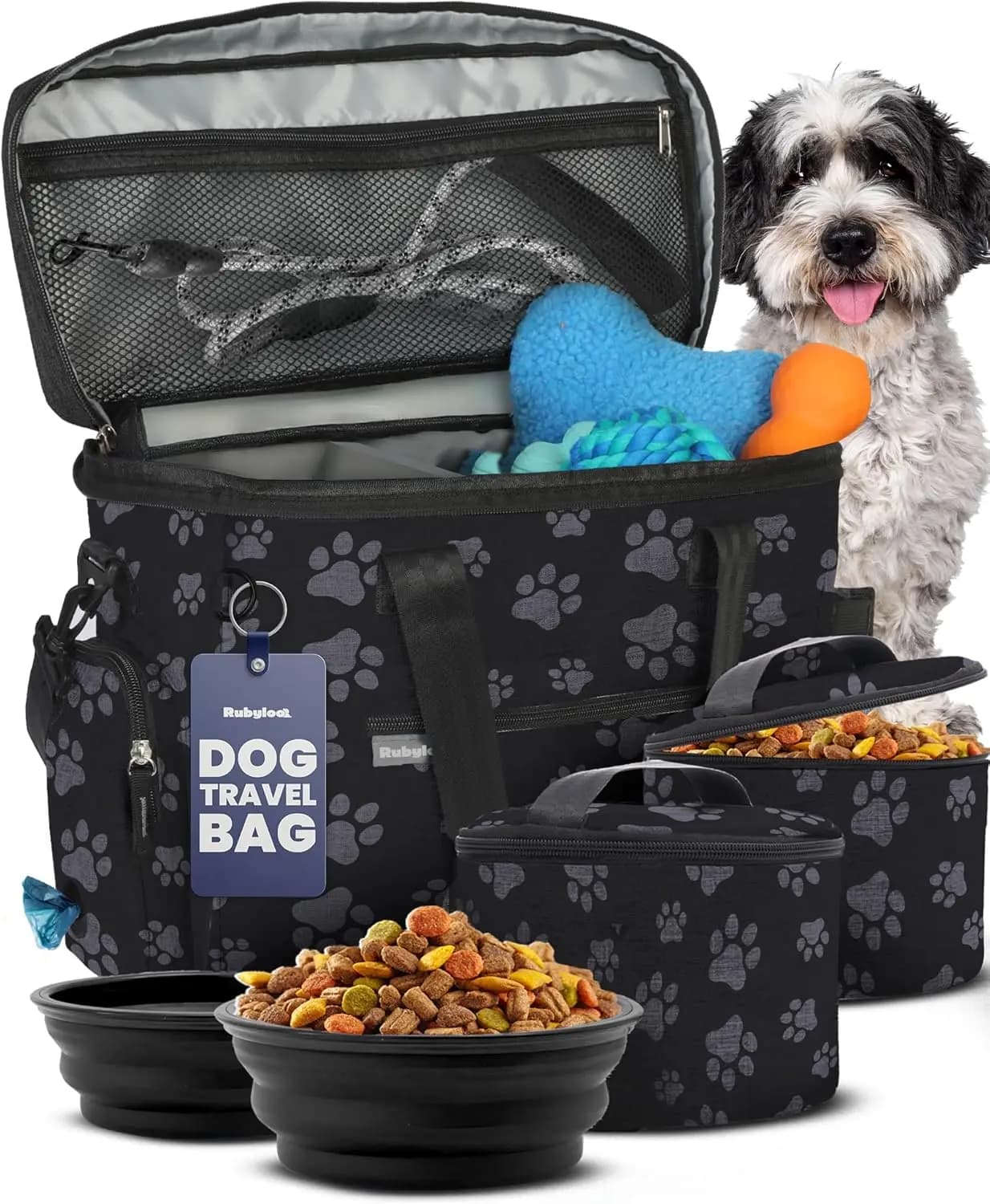 Borsa da Viaggio Completa per Cani con Ciotole e Contenitori - Trasportino per Animali Domestici per Viaggi su Strada, Campeggio e Weekend