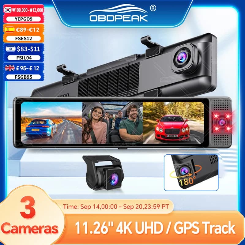 OBDPEAK Dash Cam a 3 Telecamere 4K, DVR Auto Anteriore Interno Posteriore 1080P, Tracciamento GPS, Visione Notturna, Registratore Video, Monitoraggio Parcheggio