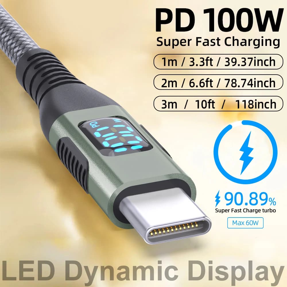 USB C cable to USB C 100 W Type C PD 5A Quick charging for LED display Nylon braided charging cable for iPhone16 15 MacBook iPad