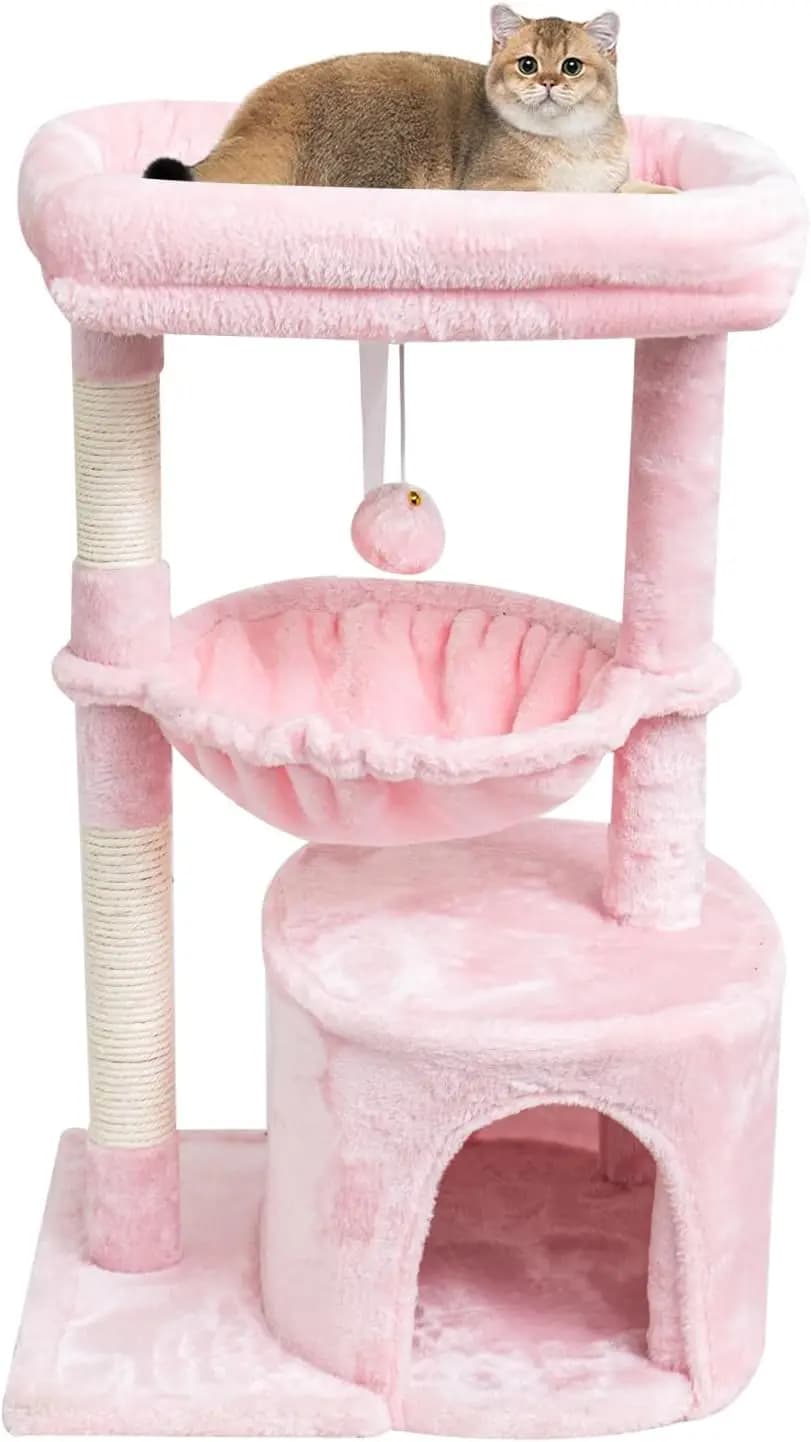 Albero per Gatti Moderno con Tiragraffi, Cuccia Imbottita e Grotta Accogliente per Gatti da Interno - Rosa