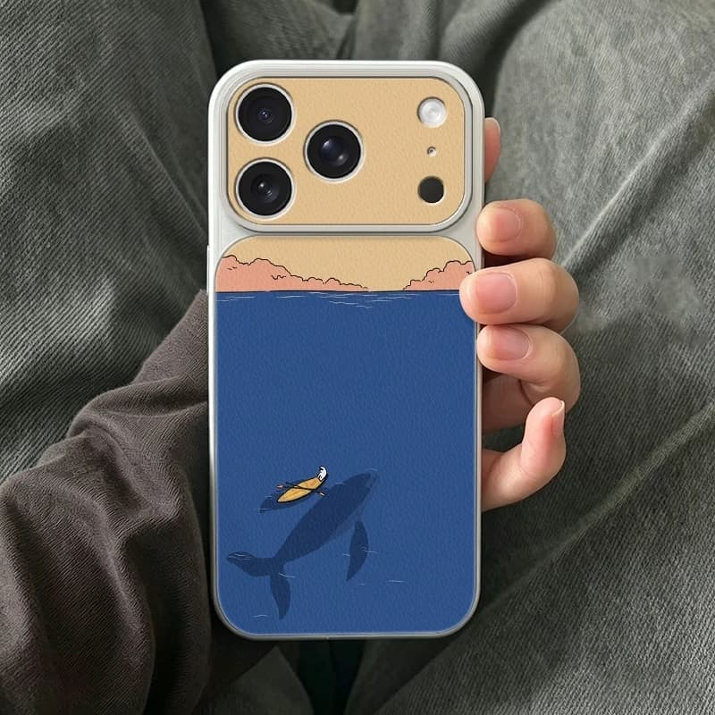 Blue Sea Whale Canoe Phone Cover Case for iPhone 17 16 15 14 13 12 11 Pro Max Xs TPU+Artificial Leather Texture