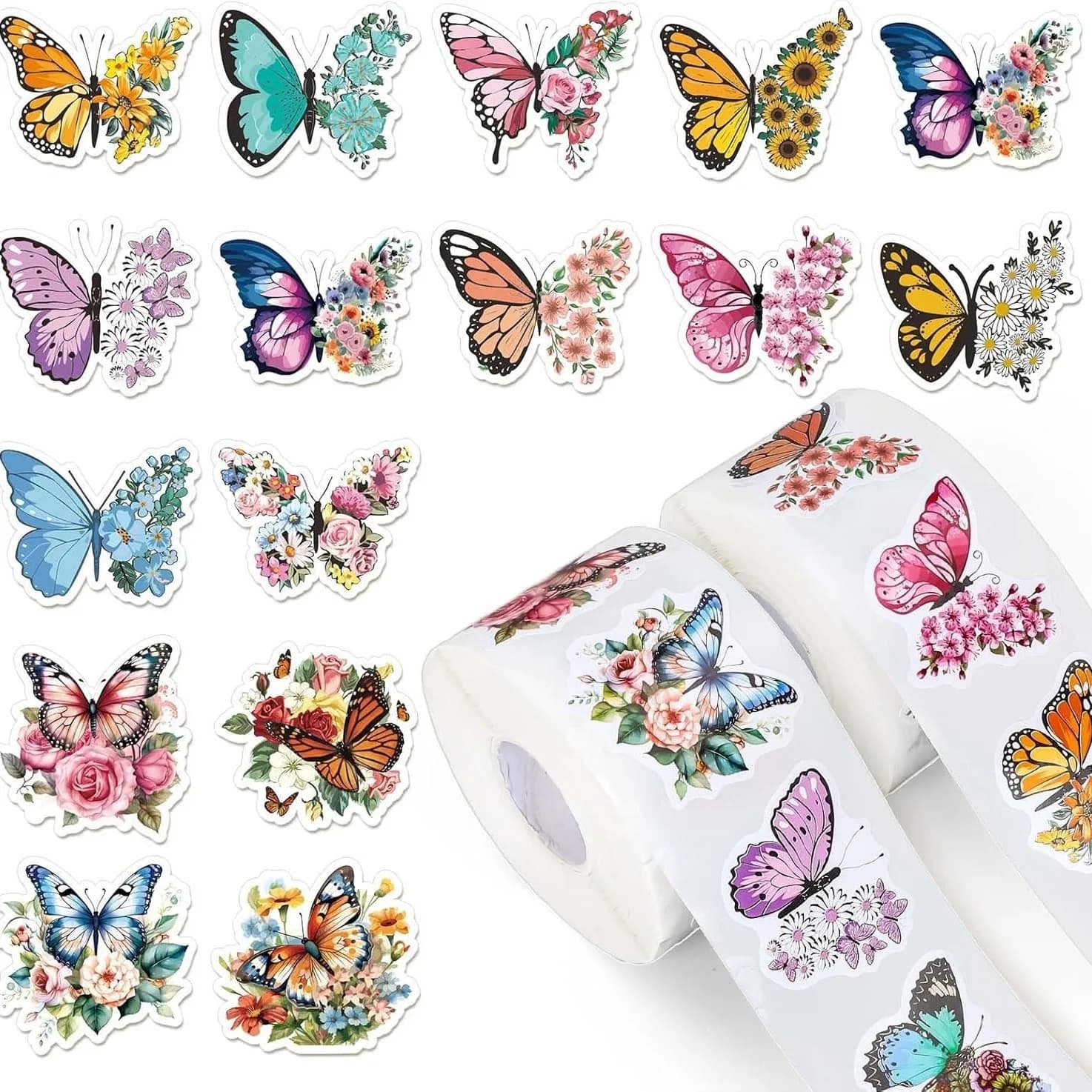 500 Pz/1 Rotolo 3.8 cm/1.5 pollici Farfalla A Forma di Fiore Adesivo Decorazione Confezione Regalo Etichetta Adesiva Adesivo di Cancelleria