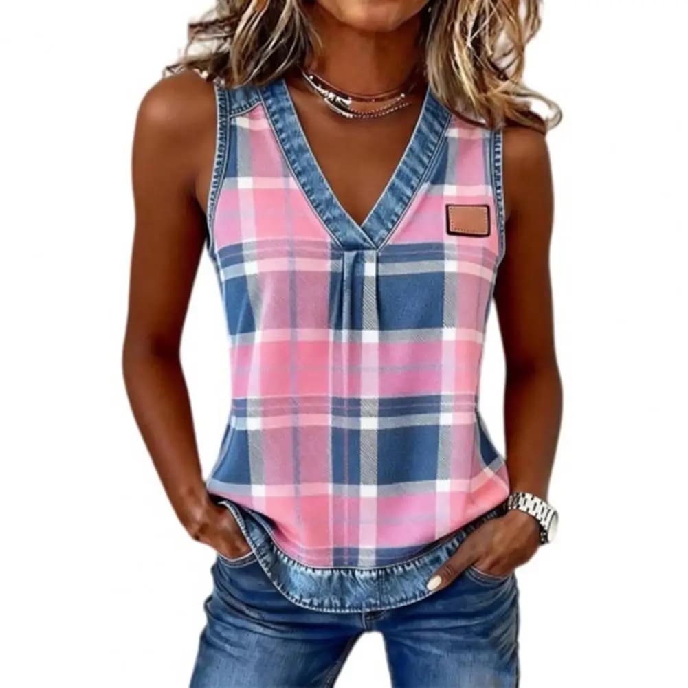 Tops Summer Vest for Women V-neck Tank Tops Plaid Print Camisole Loose Fit Slim Fit Tops with Reinforced Collar Hem Shoulder