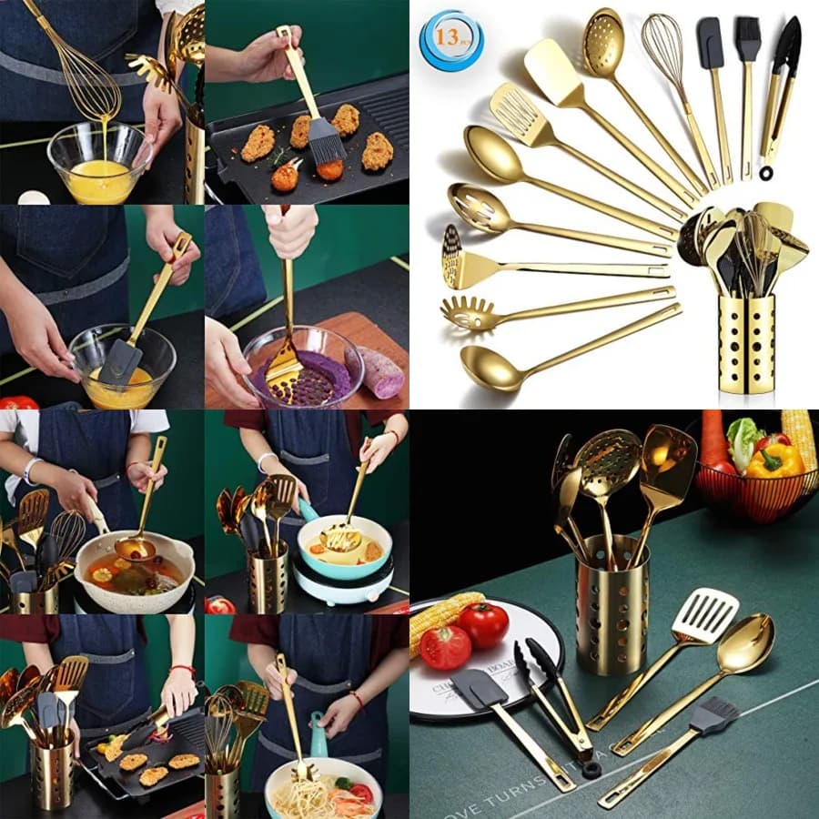 Set di Utensili da Cucina in Oro, 13 Pezzi in Acciaio Inossidabile con Placcatura in Titanio Dorato, Set di Strumenti da Cucina con Utensili