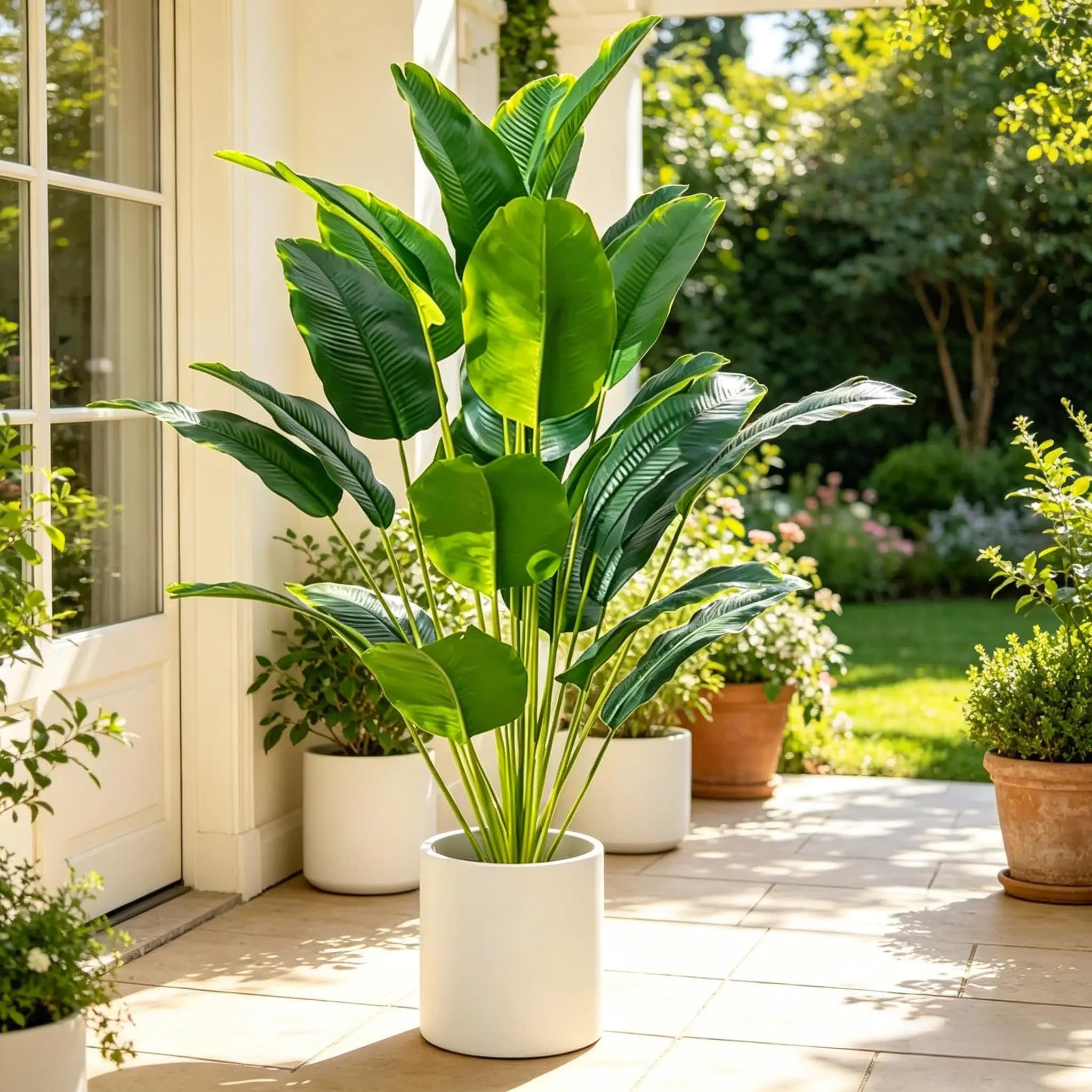 Albero artificiale di uccello del paradiso tropicale finto da 67-112 cm, foglie di palma artificiali per decorazioni di casa, giardino, ufficio e feste