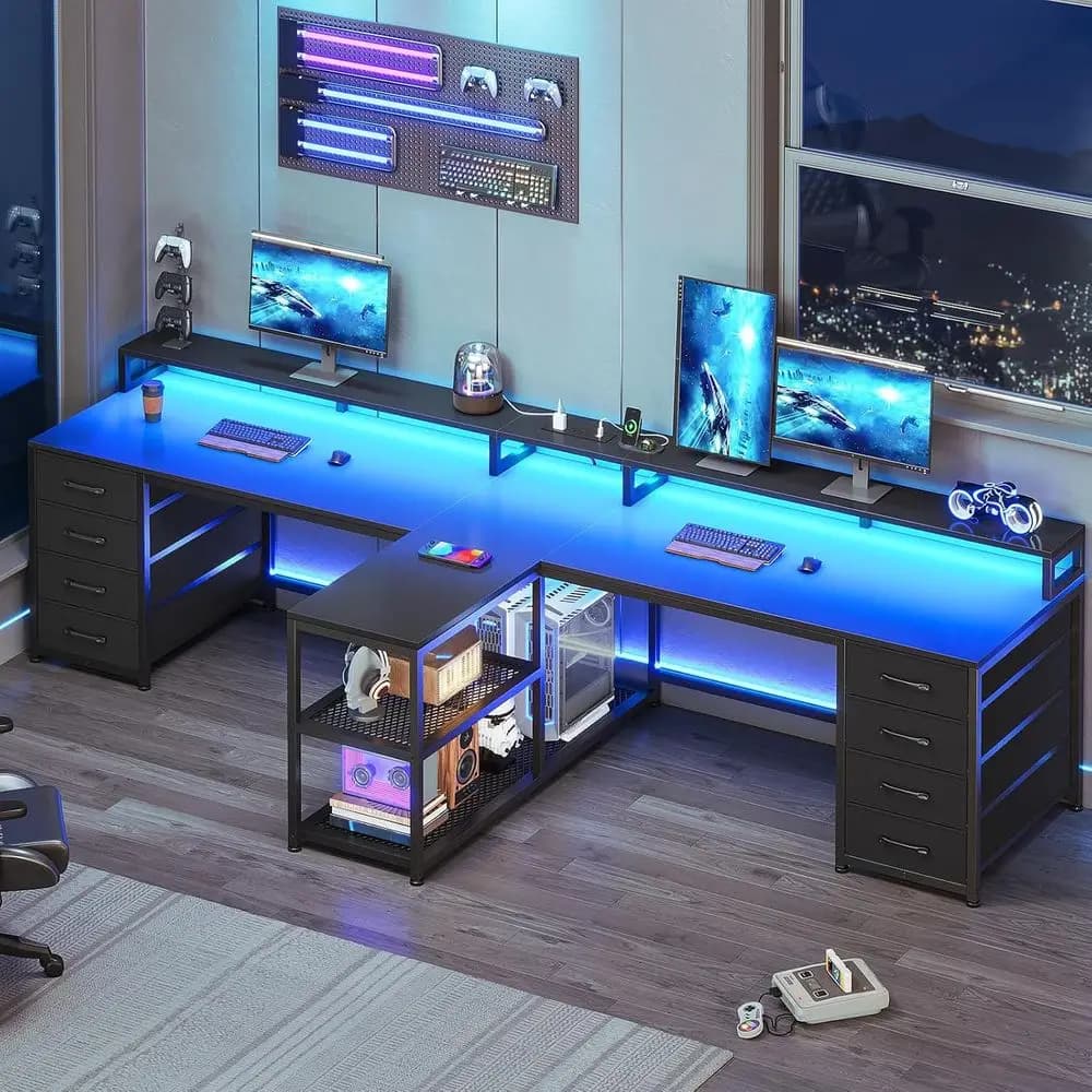 Scrivania da Gaming per Due Utenti con 8 Cassetti, Illuminazione LED, Spazio di Archiviazione, Presa Multipla e Ripiano per Monitor - Nera