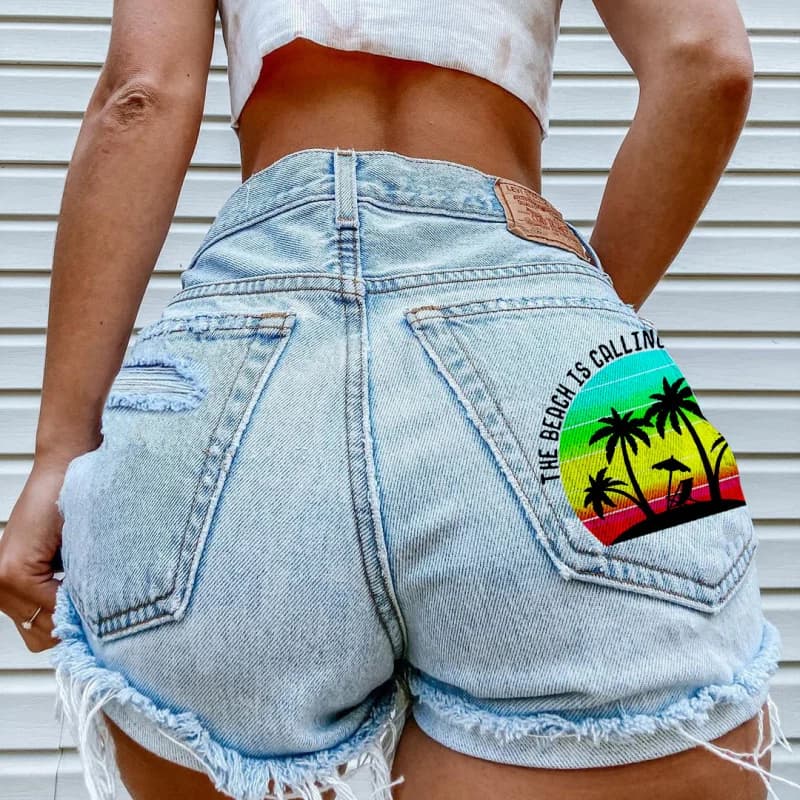 2026 Women's Fringed Distressed Casual Jeans Denim Shorts Printed High Waist Short Length Summer Fashion