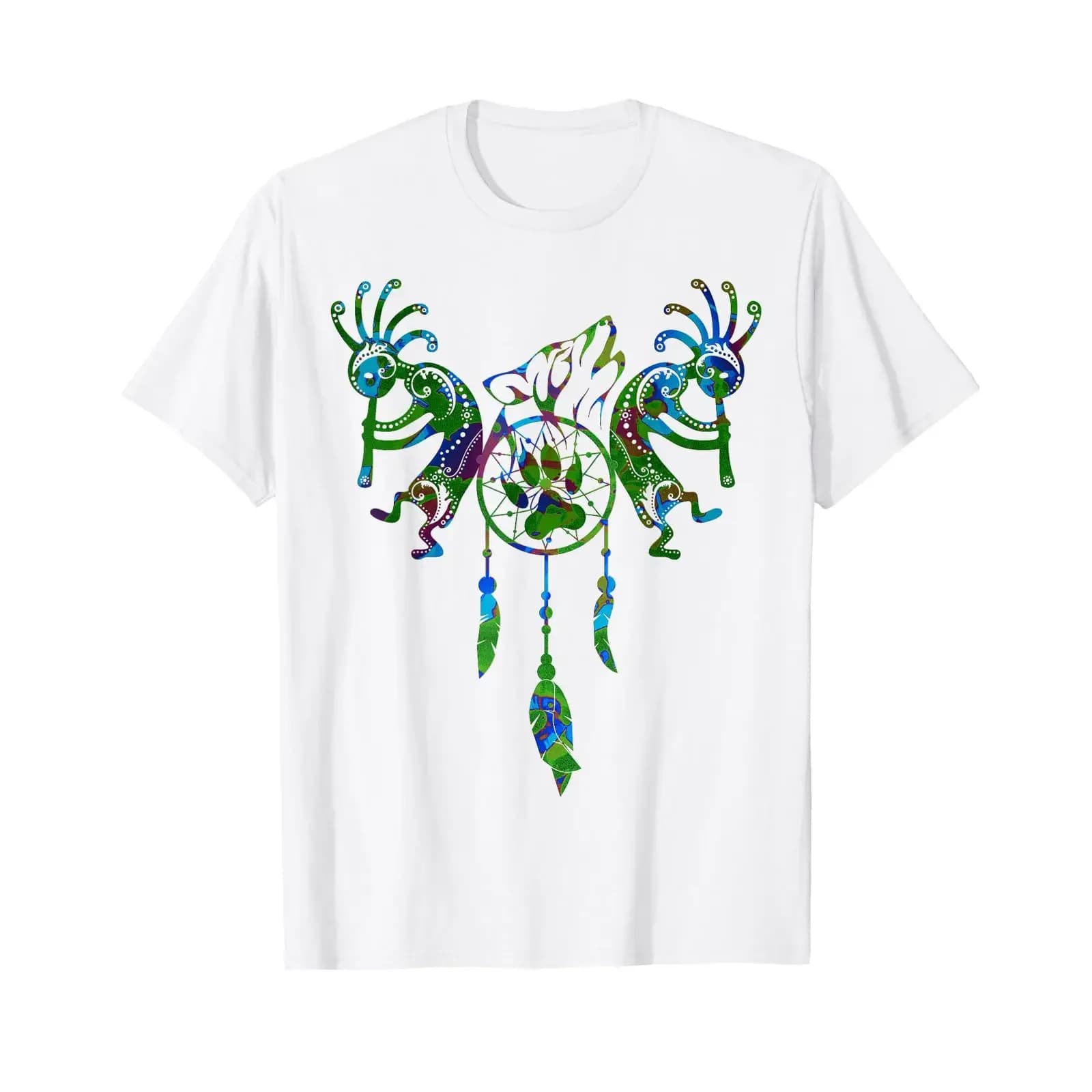 Kokopelli Duo Dreamcatcher Wolf 2 Nice Ethno T Shirt vintage Washed graphic Unisex Top For Everyday Wear designer clothes