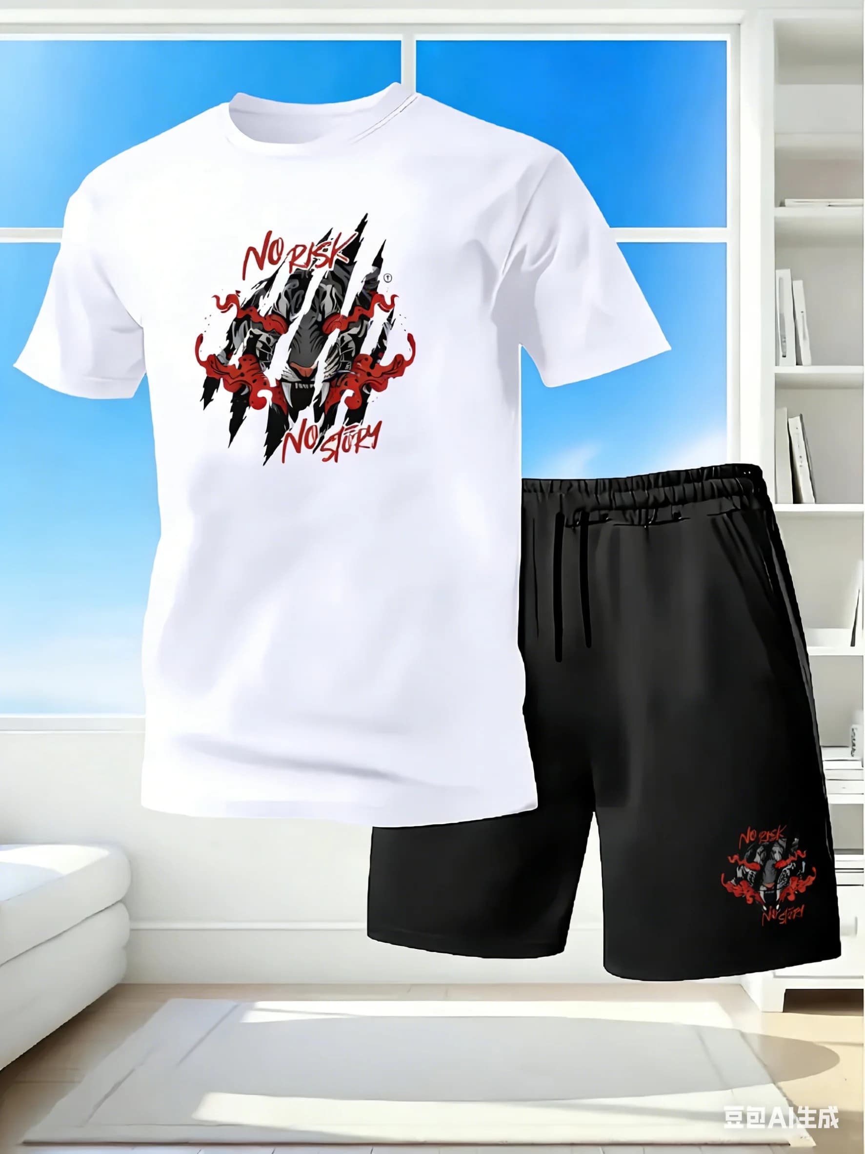Men's Sports Complete 2 Pieces Fast Drying 'No Risk No Story' with Graphic Tiger, T-Shirt and Breathable Shorts, Outfit Atletico Streetwear