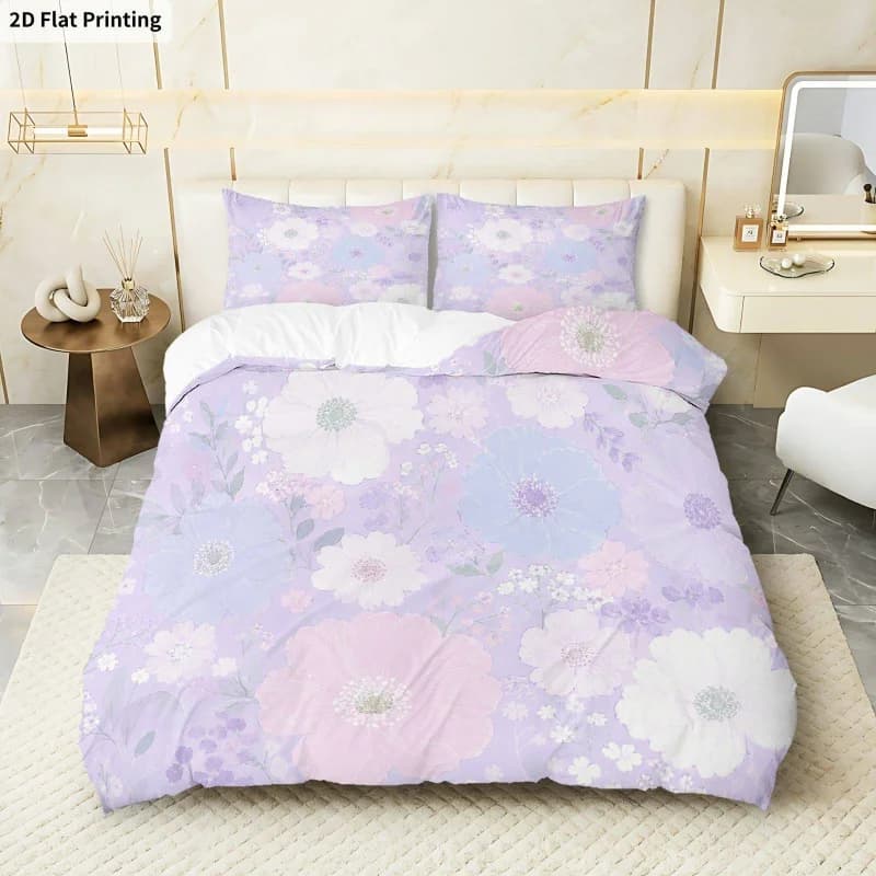 Set Copripiumino 3 Pezzi con Stampa 2D, 1 Copripiumino + 2 Federe (Senza Imbottitura), Tema Floreale Romantico Viola