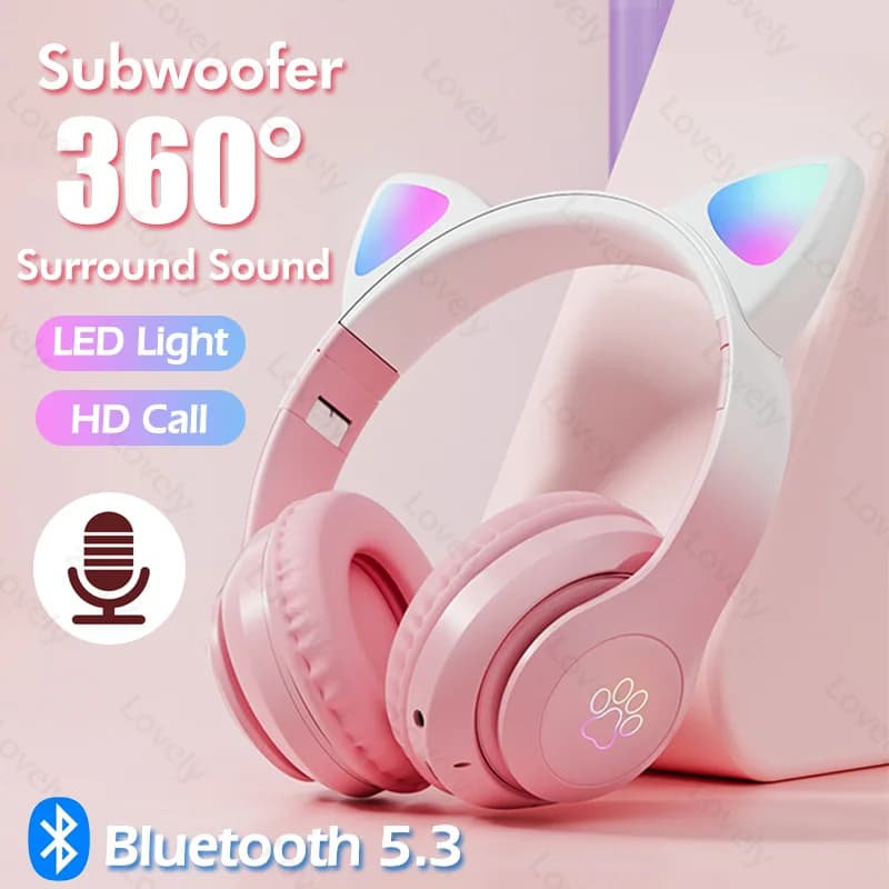 Cuffie Bluetooth wireless da gioco con luce respiratoria a LED over-ear Cat Ear con slot per scheda TF e colore sfumato