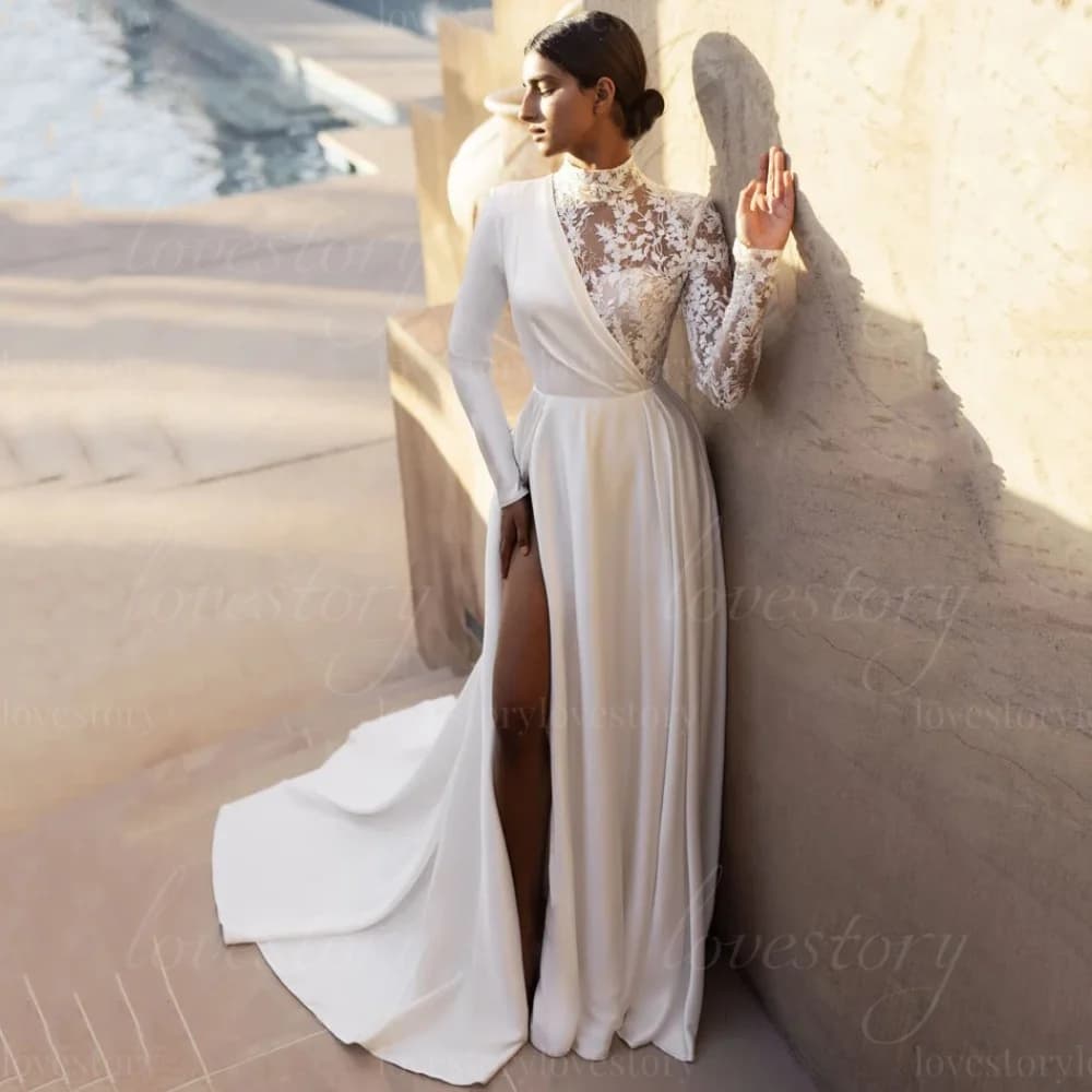 Abiti da sposa classici personalizzati A Line Collo alto Applicazioni divise Abiti da sposa Bottoni a maniche lunghe Abiti eleganti da Noiva