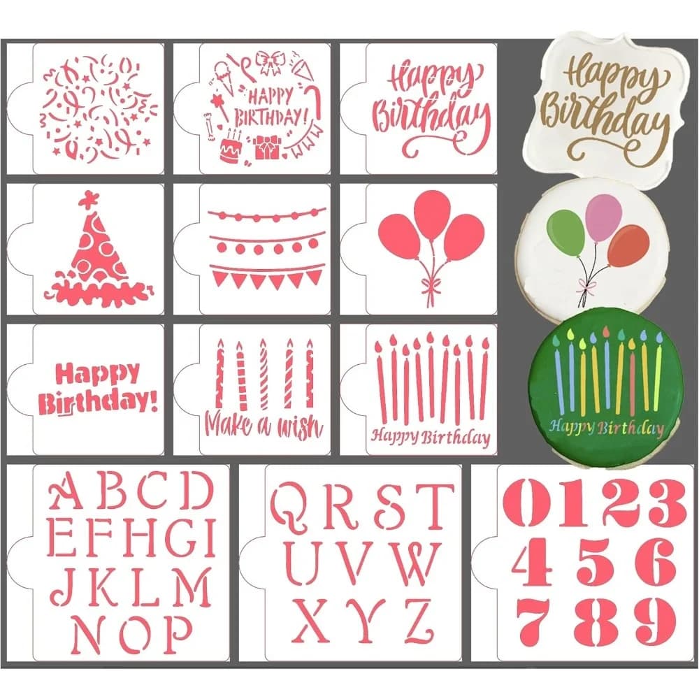 12Pcs Birthday Spray Stencils, Letter Number Candle Balloon Template for Cake & Cookie Birthday Baking Powder Decoration