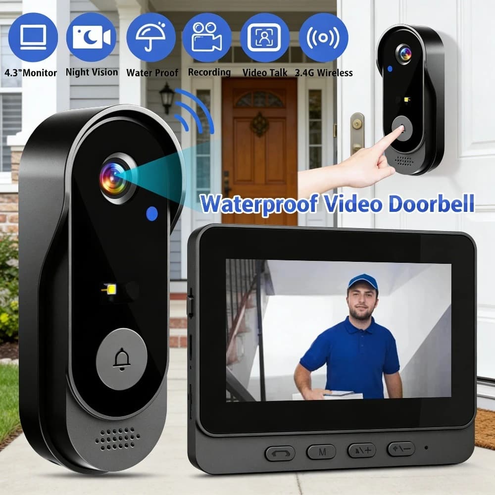 Campanello Wireless con Display a Colori da 4.3 Pollici, Videocitofono Intelligente Impermeabile con Registrazione a un Tasto, WiFi 2.4G, Visione Notturna per la Sicurezza Domestica