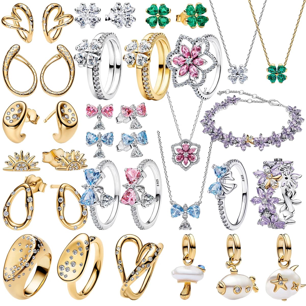 S925 Silver Golden Plate Romantic Floral Lucky Paved Band Clover Purple Ring Earring Necklace Bracelet Charm Pearl Fine Jewelry