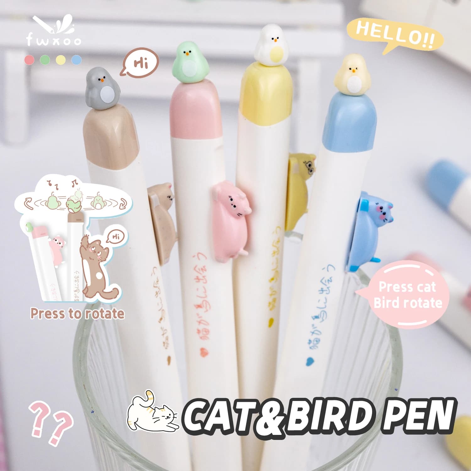 4 Pz/set Creativo Gatto E Uccelli Design Penne Gel Carino Divertente Decompressione 0.5mm Inchiostro Nero Penne per Scrittura Forniture di Cancelleria