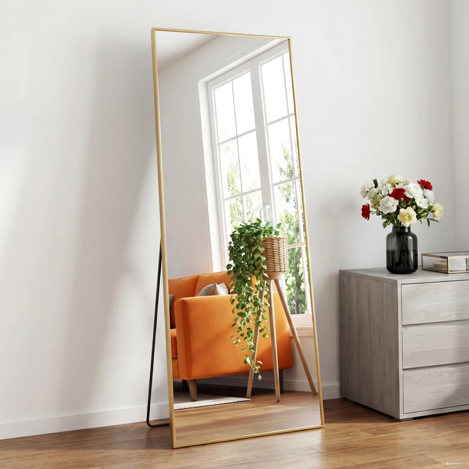 Specchio JHK 56"x21" con cornice in lega di alluminio, specchio a figura intera con supporto da terra, specchio da parete per camera da letto e bagno