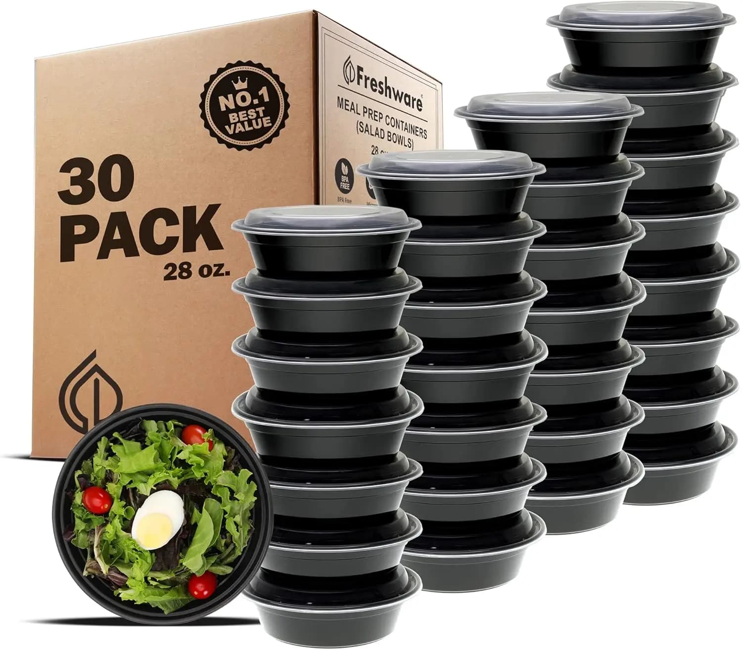 Contenitori Freshware per la preparazione dei pasti [confezione da 30] Ciotole in plastica con coperchi per zuppe e insalate, contenitori per alimenti tipo bento box, senza BPA, impilabili