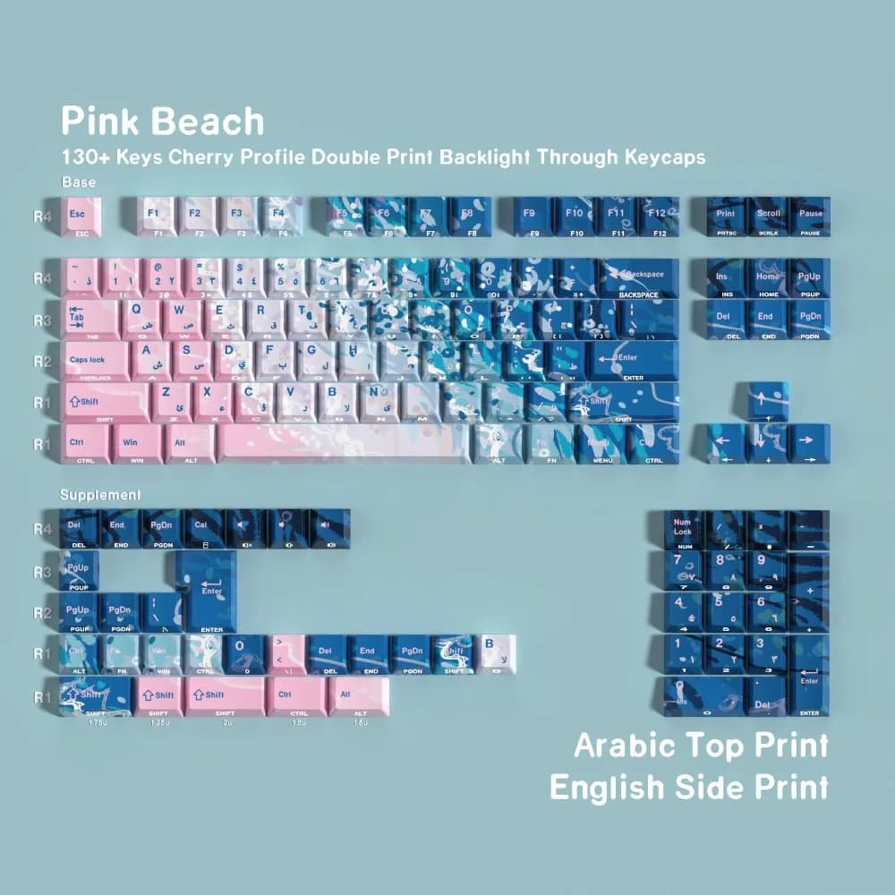 130 tasti rosa Beach Double Engraved PBT Cherry Height Keycaps con scritte coreane e russe, trasmissione della luce laterale, per tastiera meccanica