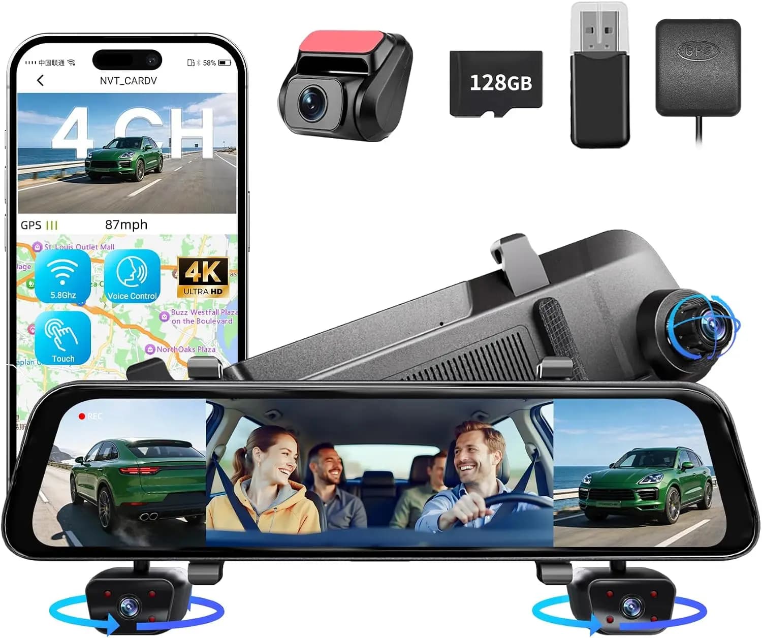 2026 4K Mirror Dash Cam 4 Channel, 12" Touch Screen Rear View Mirror Camera for Cars,4K Dashcam Front Rear Inside, IR Night Visi