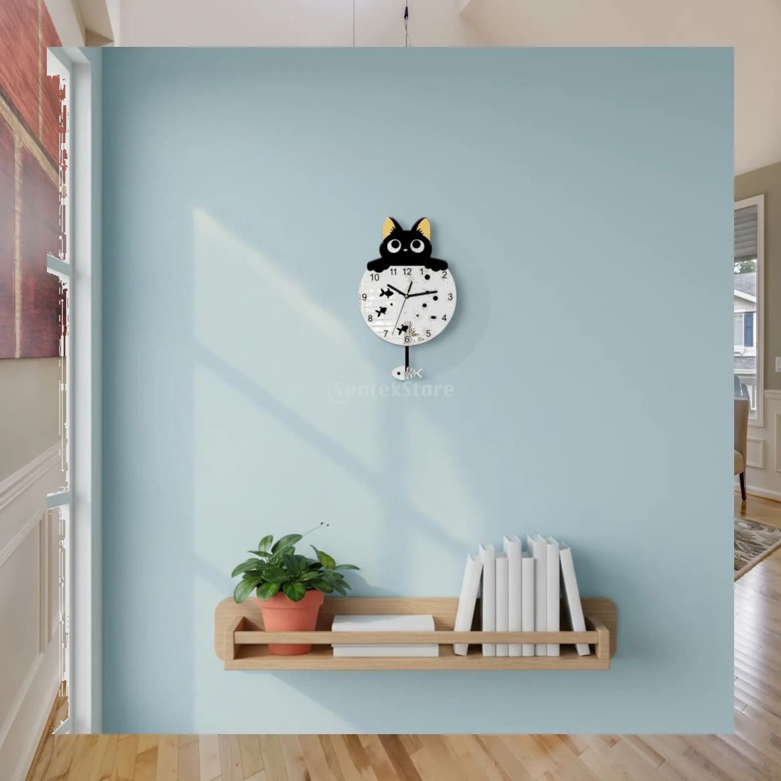 Cute Cat Face Wall Clock Silent Pendulum Movement for Nursery Children Room Fun Fishbone Decorative Timepiece