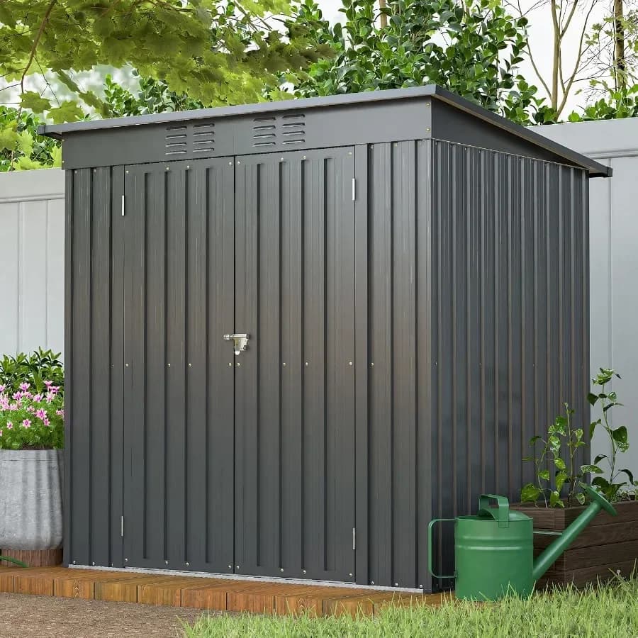 Outdoor Storage Shed for Garden, Backyard, Patio, Lawn, Trash Cans: 6x4 Ft Waterproof Steel Construction, Black Finish, Lockabl