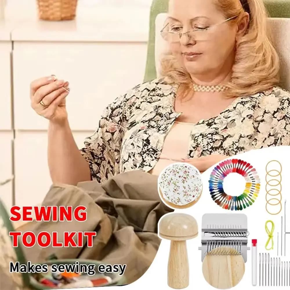 Kit per Riparazione Calze Fai-da-Te, Strumento Portatile a Forma di Uovo/Fungo per Cucito e Riparazione, 50 Colori di Fili, Base in Legno