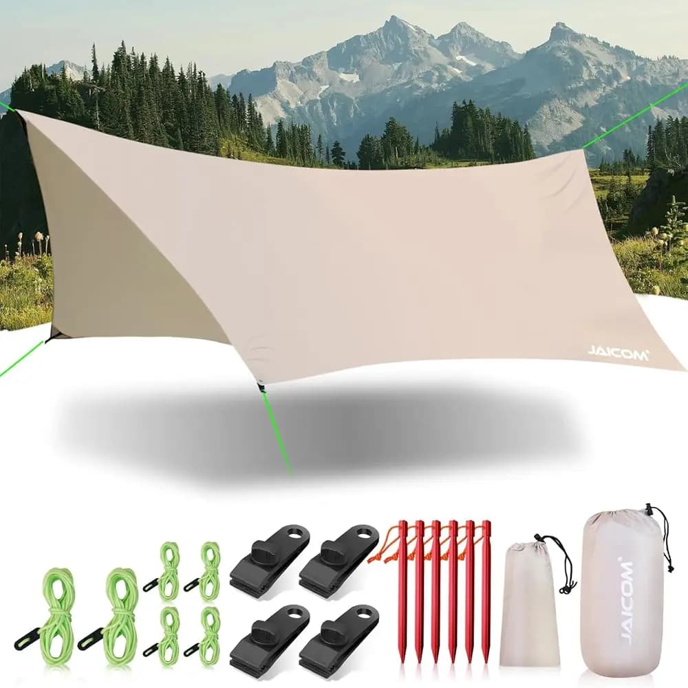 Telo antipioggia impermeabile per amaca, telo da campeggio portatile - Telo da campeggio grande 3,6 m x 2,9 m con picchetti, clip e corde di ancoraggio