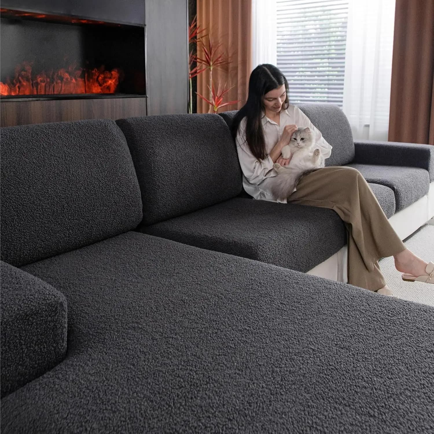 2 seater covers 1 chaise cover sectional sofa stretch soft washable wear resistant furniture protector living room dark gray