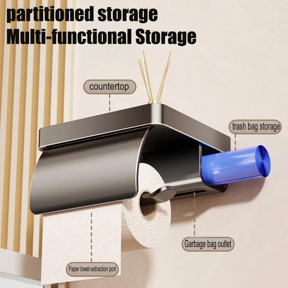 Portarotolo da Parete con Scomparto per Sacchetti della Spazzatura, Mensola Aperta, Antispruzzo, Multifunzionale per Bagno