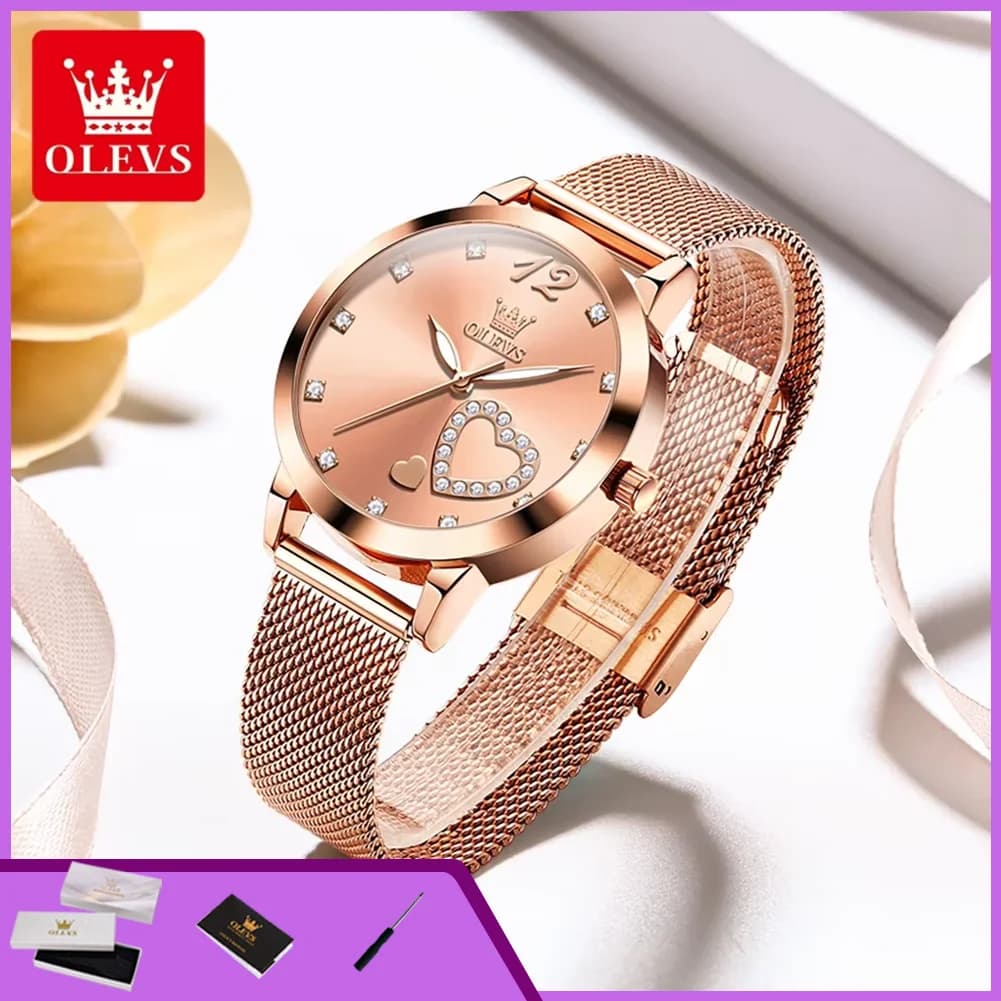 OLEVS 5189 Quartz watch for Women Design with Heart and Diamonds Elegant Bracelet in Pink Gold Wrap Mesh Waterproof Women's Watches