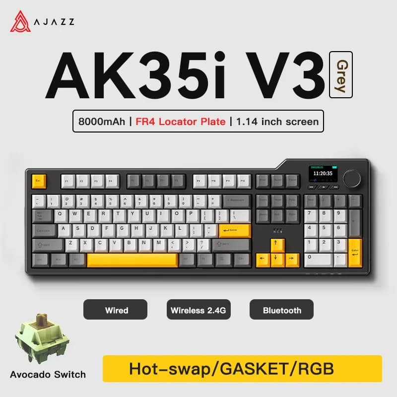 Tastiera da Gaming Ajazz AK35I V3/V4 MAX Tri-mode Cablata Bluetooth Wireless con Sistema Gasket, Tasti Completamente Sostituibili, 104 Tasti Personalizzabili