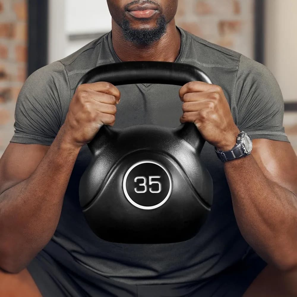Kettlebell da 35 libbre per allenamento di forza a casa, base piatta larga, impugnatura testurizzata per uomo e donna