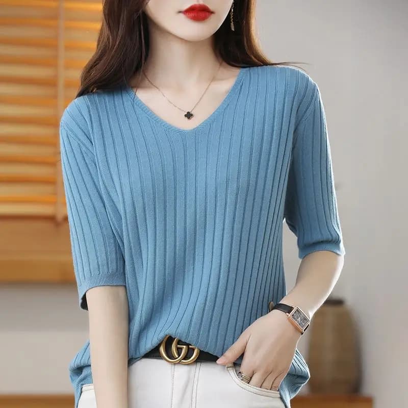 2025 Nuova Primavera Estate delle nuove donne con scollo a V a maniche corte squisito maglione lavorato a maglia in cashmere pullover tinta unita