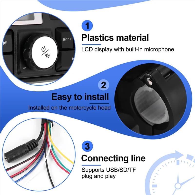 Audio compatto per moto Sistema audio radio MP3 Altoparlanti stereo Bluetooth Impermeabile FM 5 funzioni EQ Display LCD USB/SD/TF