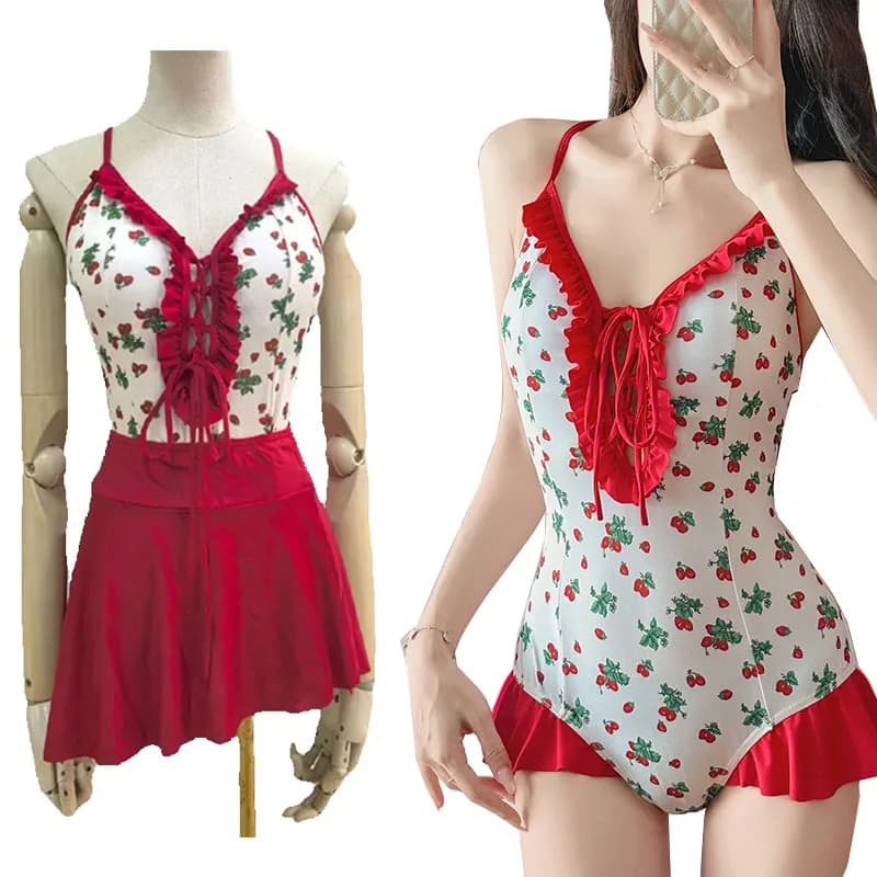 Costume da bagno fasciato con volant con stampa floreale Lolita Due pezzi con minigonna a pieghe irregolari Body senza schienale Costumi da bagno bikini