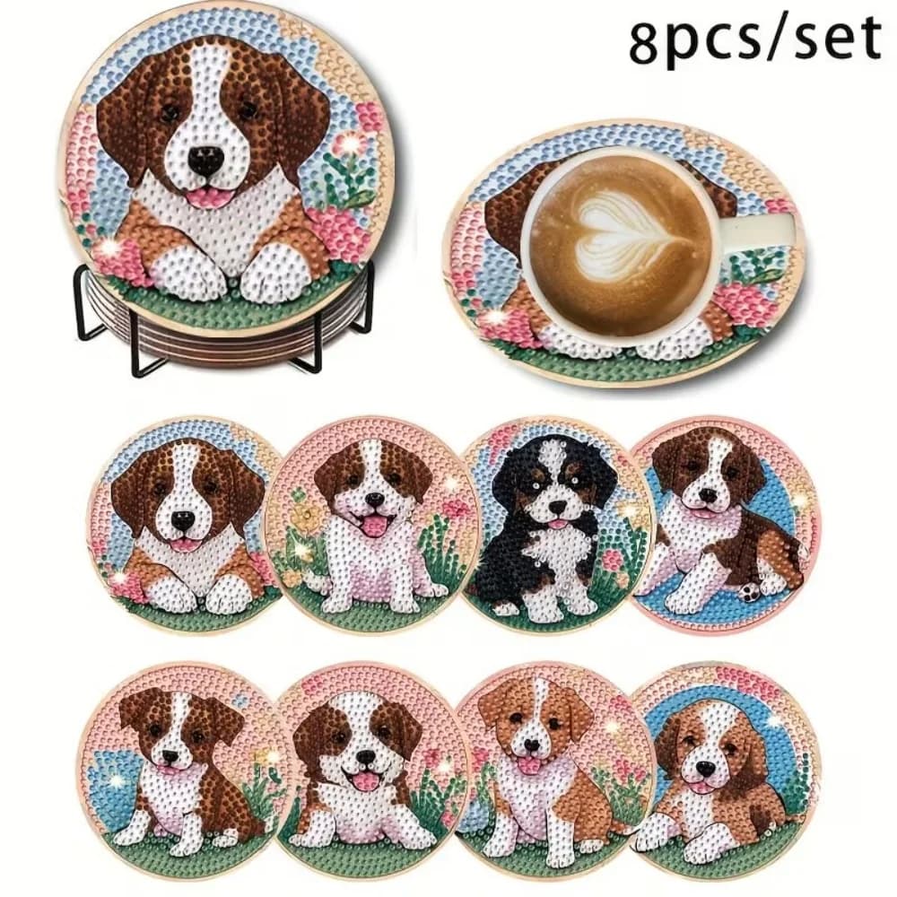 8 pezzi/set di set di sottobicchieri con pittura a diamante sottobicchiere acrilico per cani carini (con staffa) - Set fatto a mano con decorazione artistica con diamanti fai-da-te