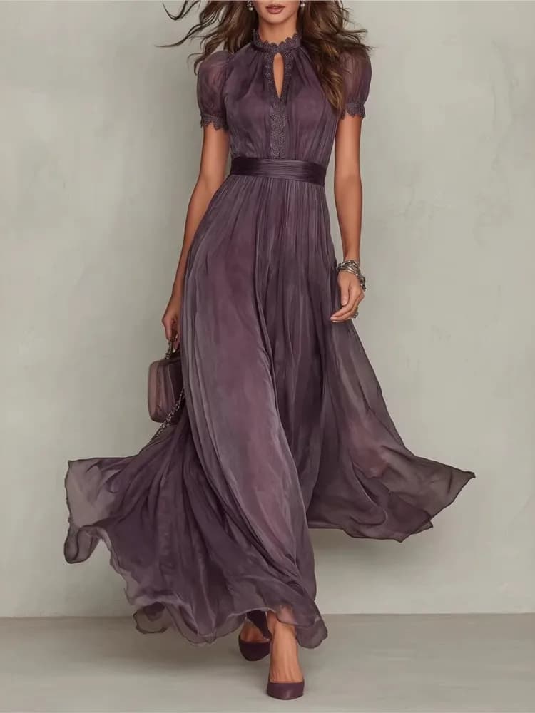 Vintage Solid Lace A-Line Long Dress Women's O Neck High Waist Pleated Party Dress Summer Short Sleeve Flowy Maxi Dresses Robe