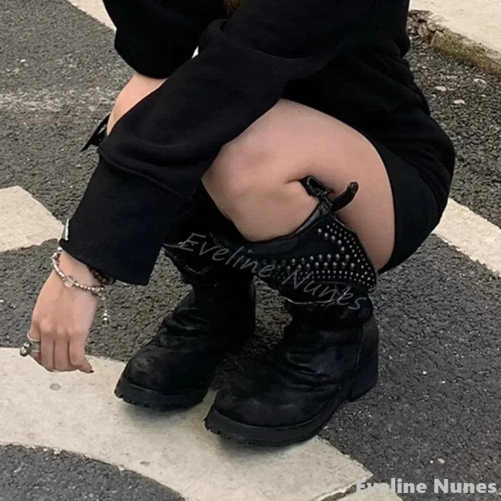Cavaliere boots with black opaque rivets Women's boots with round toe and backed edge Slip On Hotties Long boots 2025 Fashion boots spring autumn