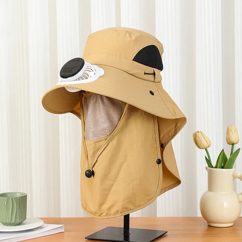Men Wide Brim Solar Fan Hat with Neck Shawl UV Protection Cooling Hat for Outdoor Travel and Fishing