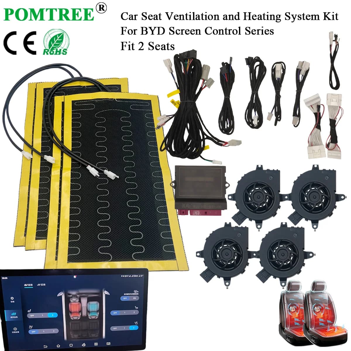 Built-in Car Seat Ventilation And Heating System Kit Fit 2 Seats,Compatible With BYD Screen Control Series Includ Harness & Fans